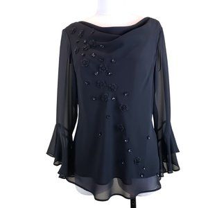 Sandra Darren Lined Black Sheer Sleeve Sequin Top 12 EUC